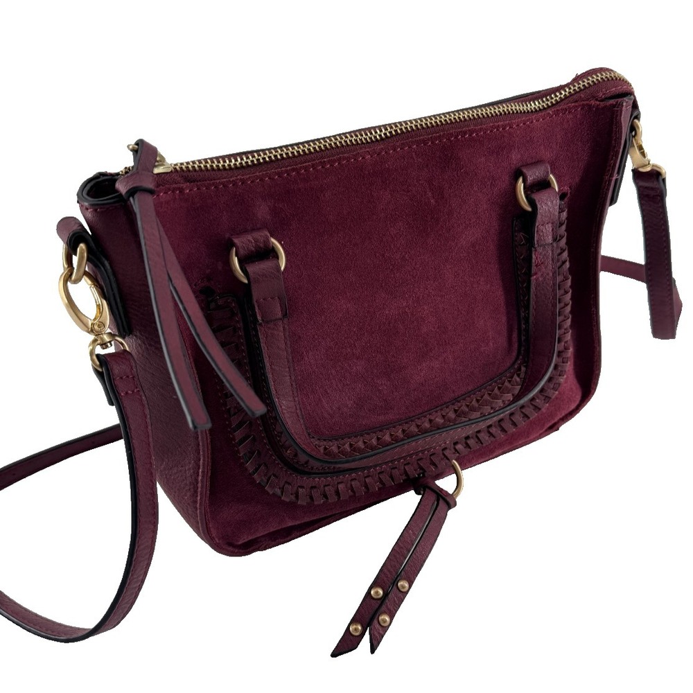 Burgundy Faux Leather Suede Tote‎ Bag Whipstitch Trim Crossbody Boho